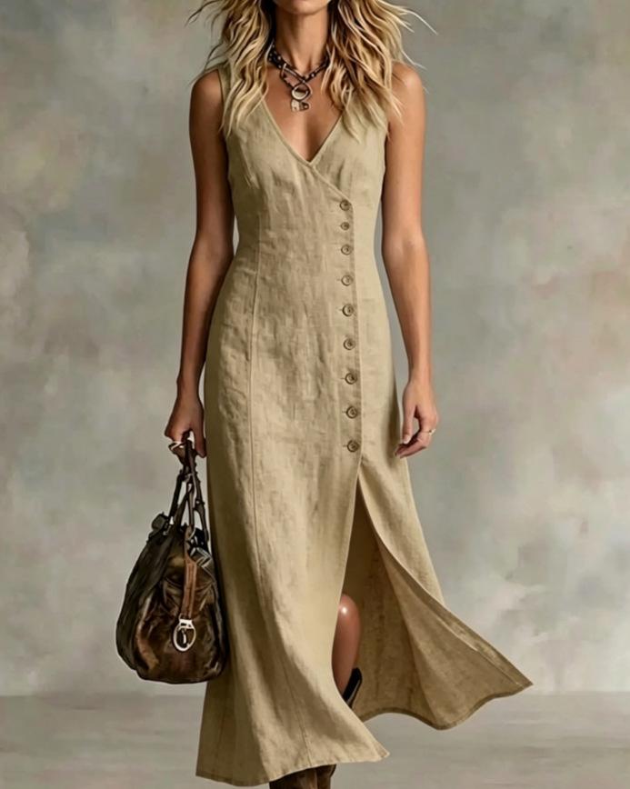 2026 New Spring and Summer Fashion Cotton and Linen Sleeveless V-neck Button Placket Dress Women's Clothing