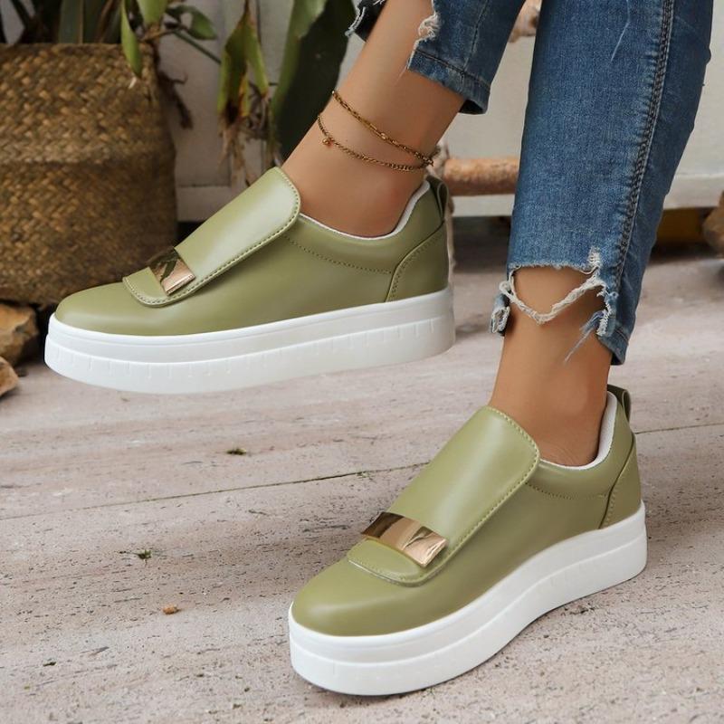 New Autumn European American Style Women's Thick Soled Solid Color Metal Flat Casual Shoes