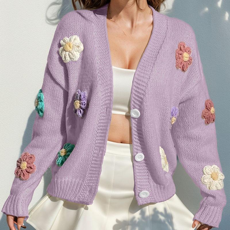 Dam Höst Vinter Söt Stickad Kofta Långärmad Knäppning Lös Varm Tröja Blomtryckt Öppen Framsida Kappa