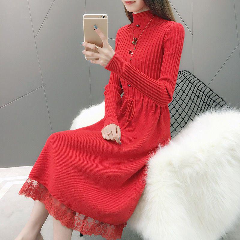 Women's Plus Velvet Thick Mid-Length Knit Sweater Dress - Loose Fit with Lace and Half-High Collar for Autumn and Winter