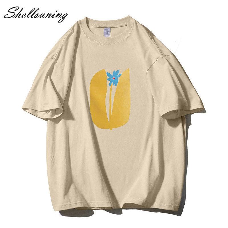 Shellsuning Summer Aesthetic Floral T Shirts Women Loose Short Sleeve Cotton Printed Tees Female Casual O Neck Vintage Base Tops