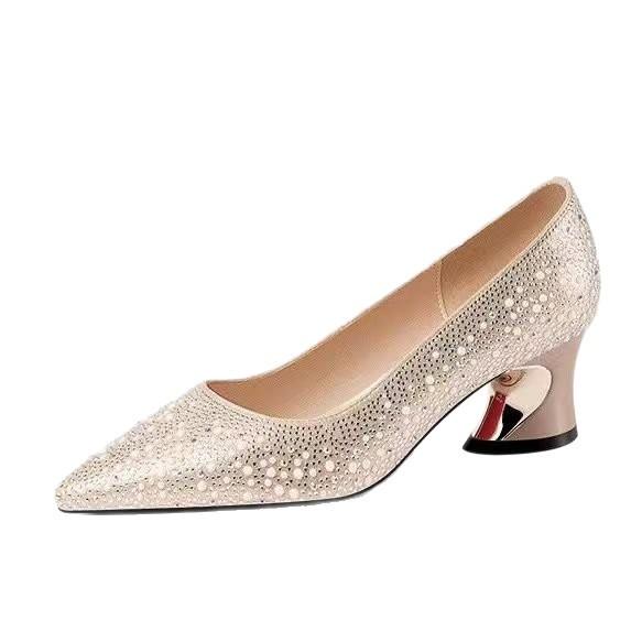 Rhinestone medium heel shallow mouth single shoes autumn new pointed thick heel wedding shoes with cheongsam shoes temperament socialite