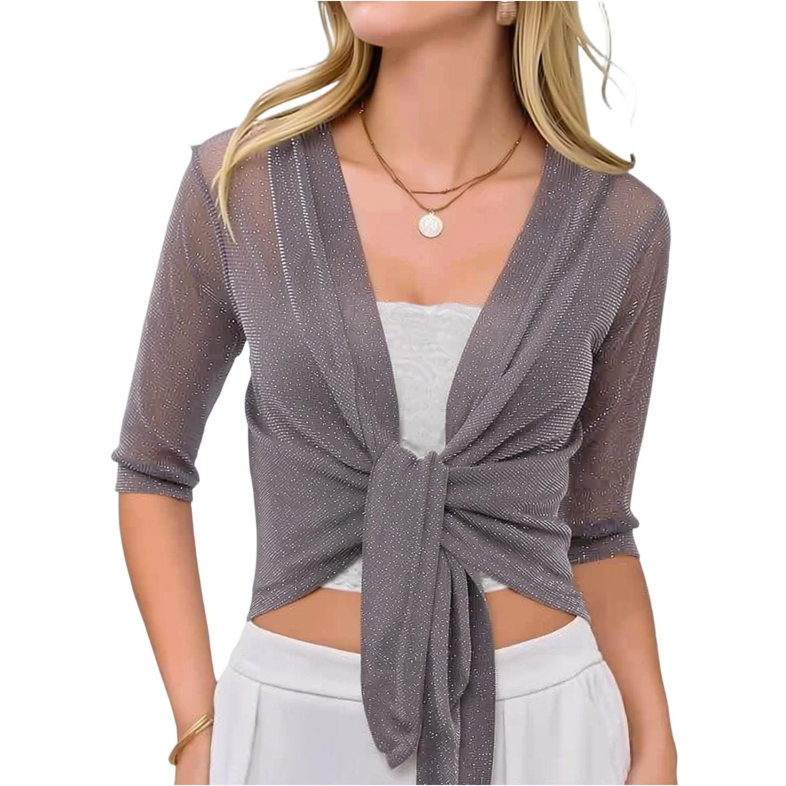 Master key Dames Sheer Mesh Open Voorkant Strik Taille Cropped Vest Driekwart Mouw Lichtgewicht Gebreide Top L