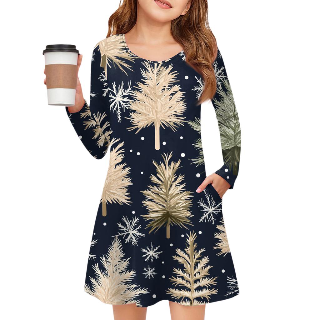 Christmas Day Girls' Long Sleeve Dress - Color Pocket Dress