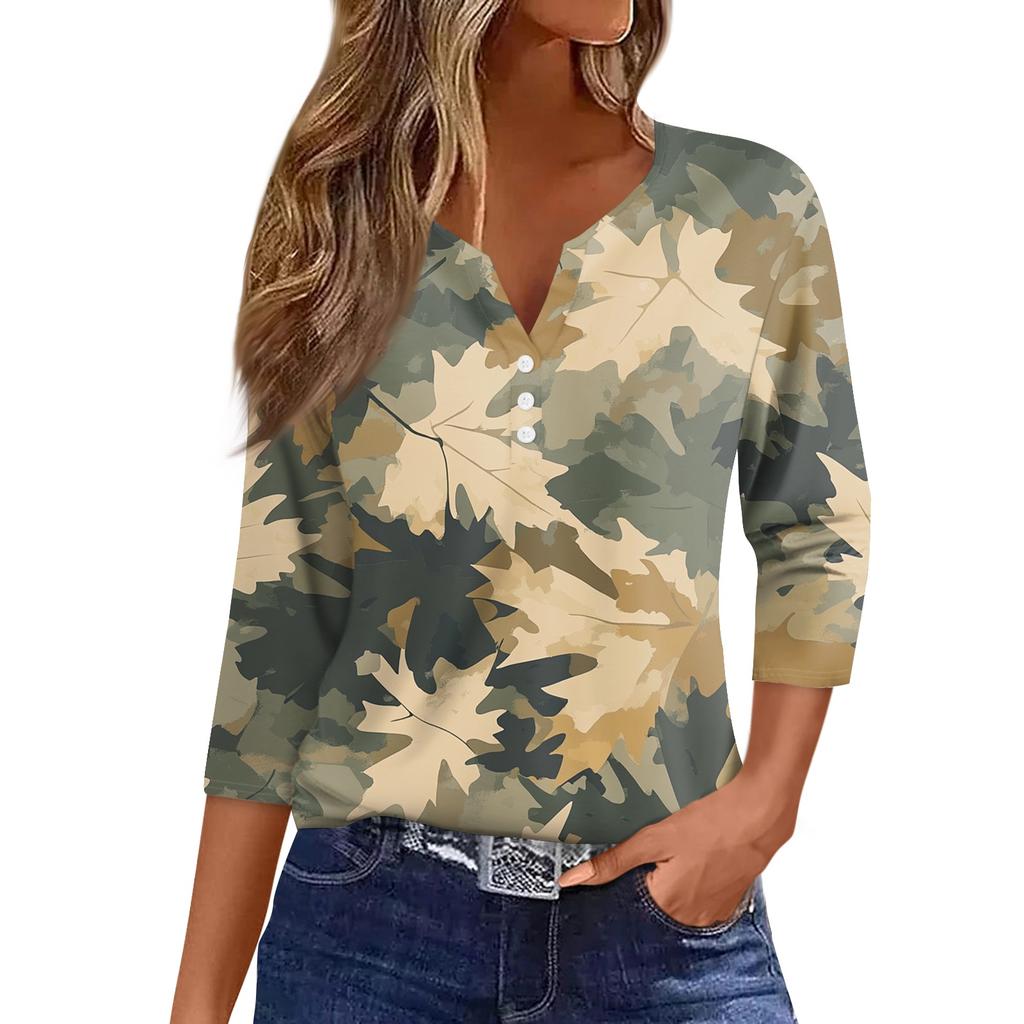 Damen V-Ausschnitt Freizeit Dreiviertelarm Knopf-Detail Top mit Blumenmuster