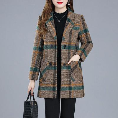 Fashion Women Clothing Autumn Winter Midi Jackets New Suit Collar Vintage Plaid Contrast Color Elegant Casual Long Sleeve Coats