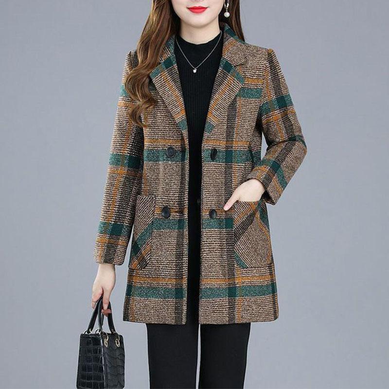 

Модная женская одежда Осень Зима Миди Куртки Новый Воротник-стойка Винтажная Клетка Контрастный цвет Элегантные Повседневные Пальто с длинным рукавом XL