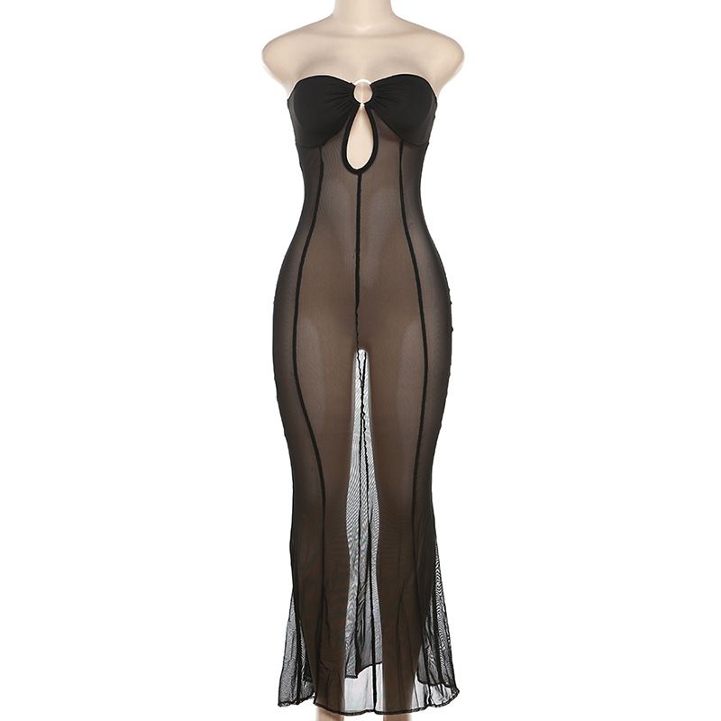 

Outfitgirl Lightweight Sheer Mesh Stitching Tube Top Long Dress Vacation Bikini Overskirt Sexy Dress Black L