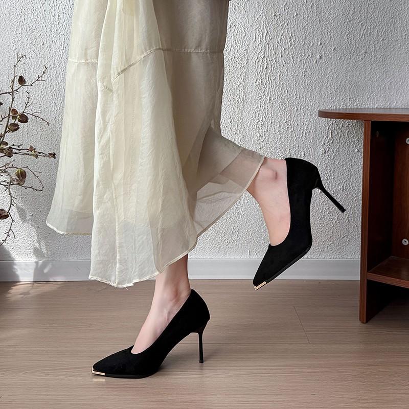New Fashion Women's Shoes Sexy Black High Heels Sharp Pointed Suede Pumps Elegant Shallow Mouth Etiquette Shoes Mujer Zapatos