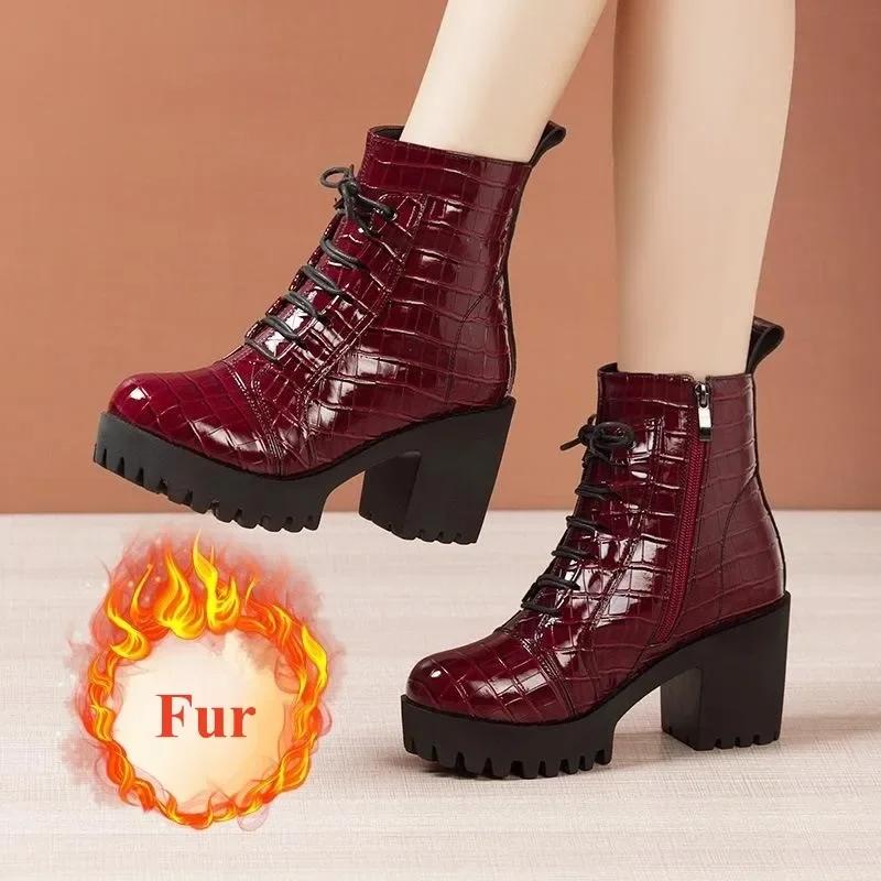 

8cm Small Size 32-43 Vintage Quality Bright Leather Boots Platform Shoes Winter Women s Block High Heels Ankle Boots Office 43