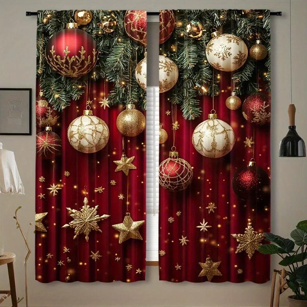 

3D 2pcs Set Golden Christmas Ball Printed Curtains Rod Pocket Design for Easy Hanging Perfect for Kitchen Bedroom Living Room (W50H130cm)-2pcs&Hook