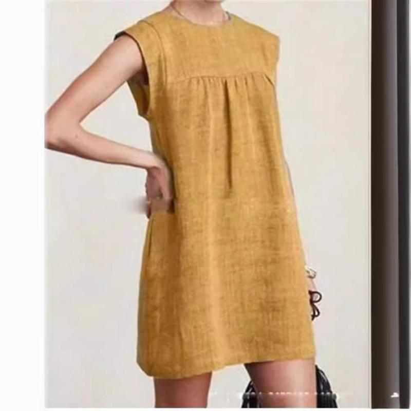 Fashionable New Summer Loose Women's Casual Cotton Linen Solid Color Dress