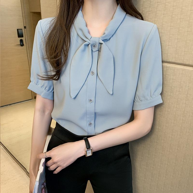 

Chiffon Shirt Feminine Short-sleeved Tie Summer Dress Niche Blue Top Retro Shirt Acetate Fiber 2XL синій