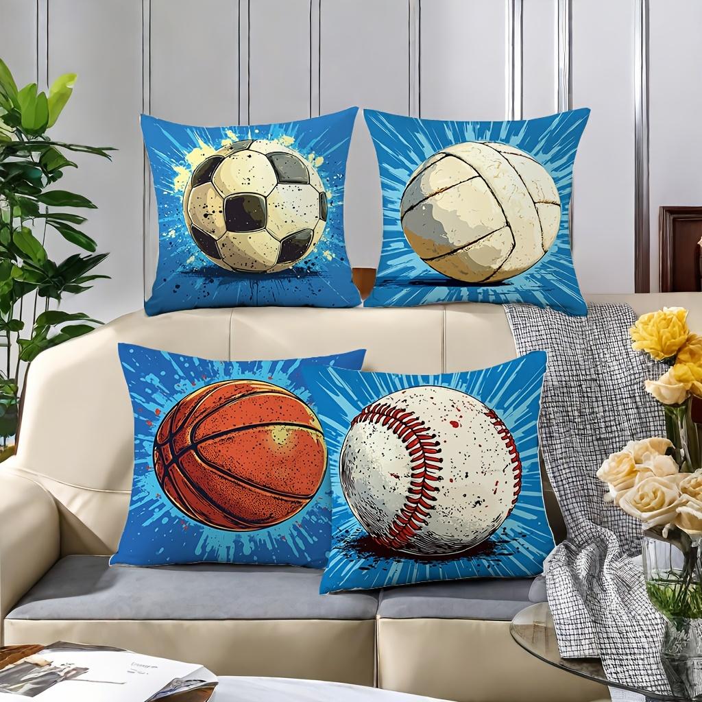 Double-Sided Printed Throw Pillow Covers, Retro Soccer Volleyball Basketball Baseball Print Cushion Cases, Sports Fan Home Decor