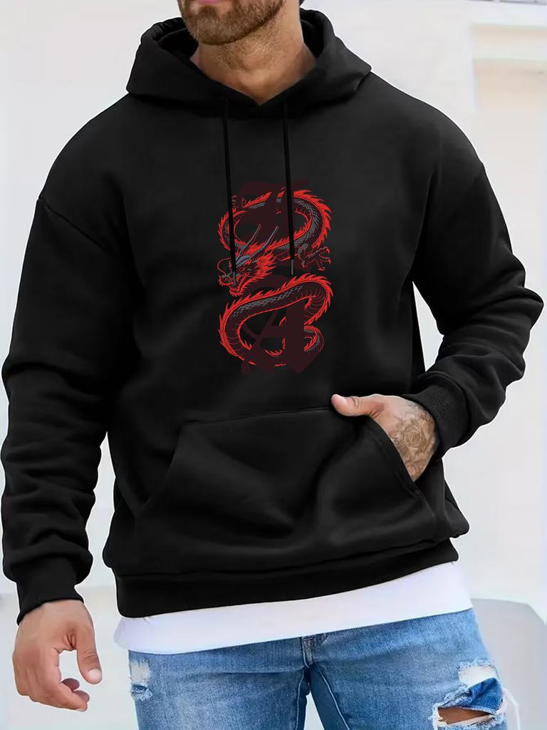 unisex Autumn Winter Long Sleeve Hooded Sweatshirt, Red Black Chinese Dragon Majestic Totem Print Fitness Athletic Top, National Style Majestic Wind P