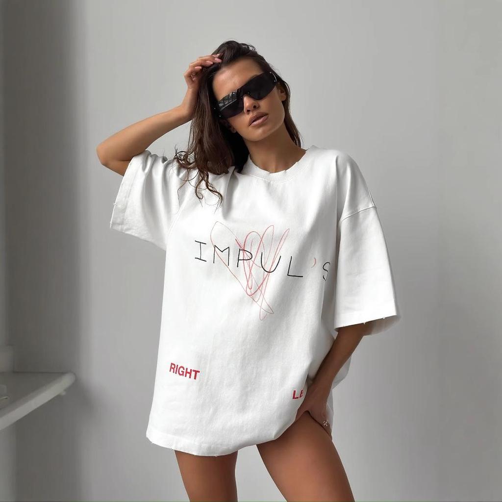Women's American Letter Print Crew Neck Short Sleeve T-Shirt - Trendy, Loose, Casual, Versatile Top.