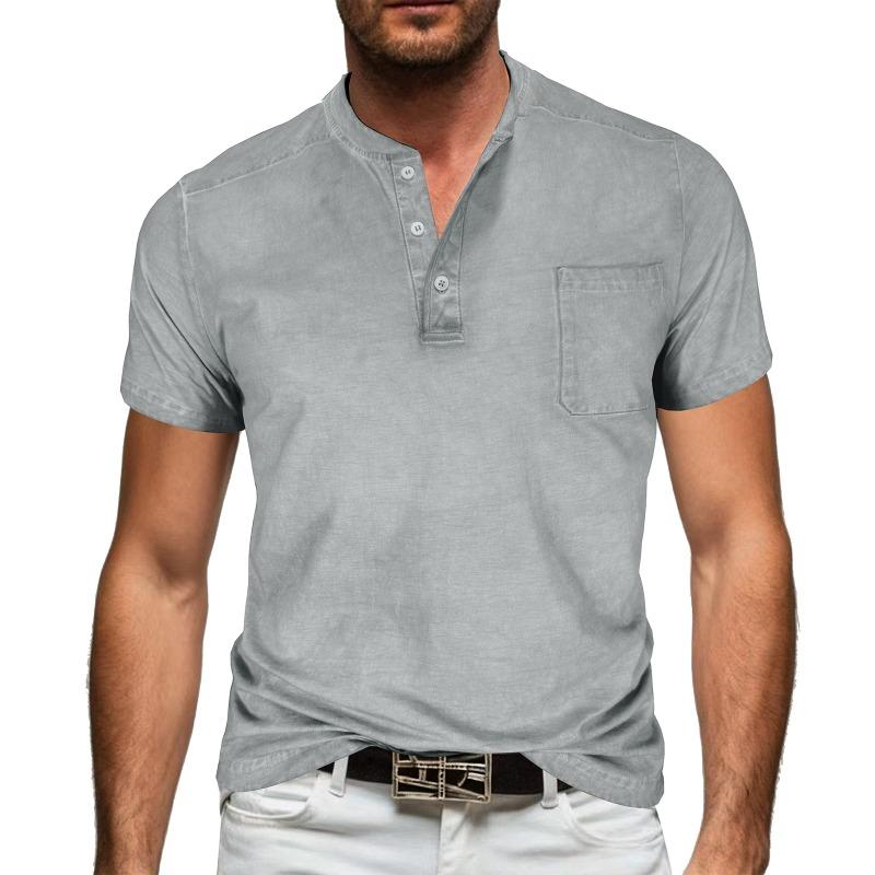 Men Black Washed Henley Neck Short Sleeve Chest Pocket Casual T Shirt