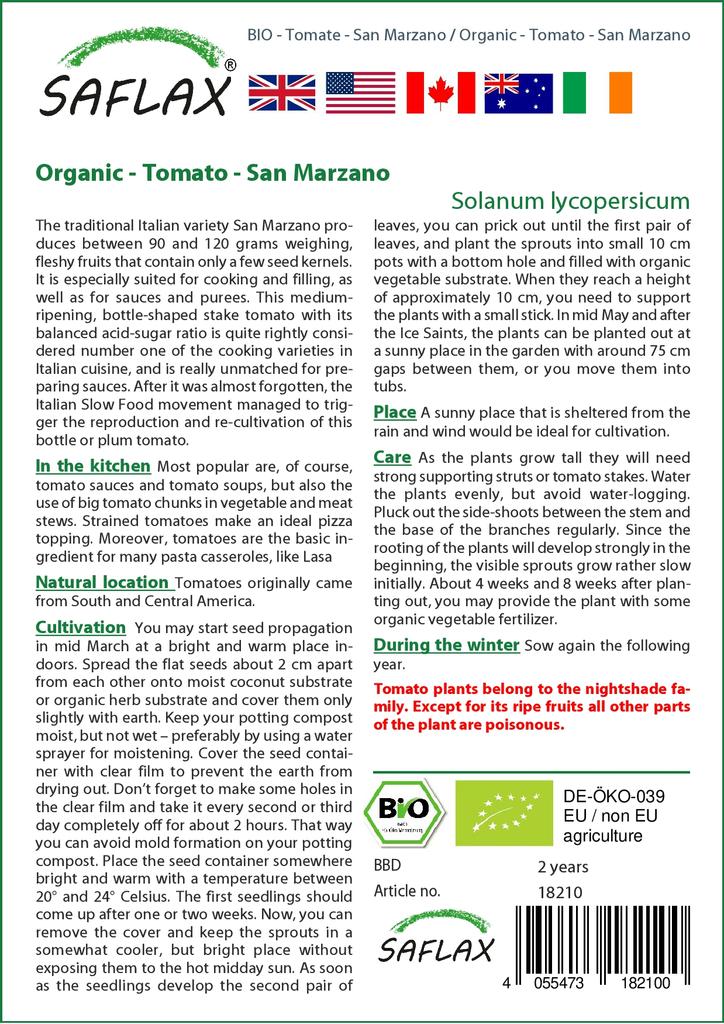 SAFLAX Garden In the Bag - Organic - Tomato - San Marzano - 15 Seeds - With Substrate In a Fitting Stand Up Bag - Solanum Lycopersicum
