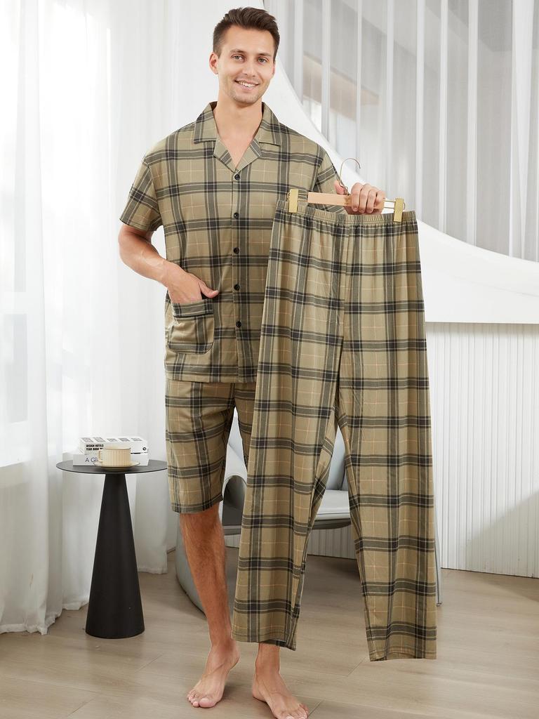 Men's Summer Cotton Pajamas 3-Piece Set: Short Sleeve Top, Long Pants, Casual Thin Shorts Home Wear