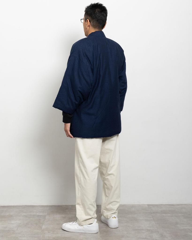 Watanosato Men's Warm Padded Hanten (Hanten) - Made in Japan - Solid Color with Four Cords and a Matching Weave Pattern (Navy, One Size Fits All)