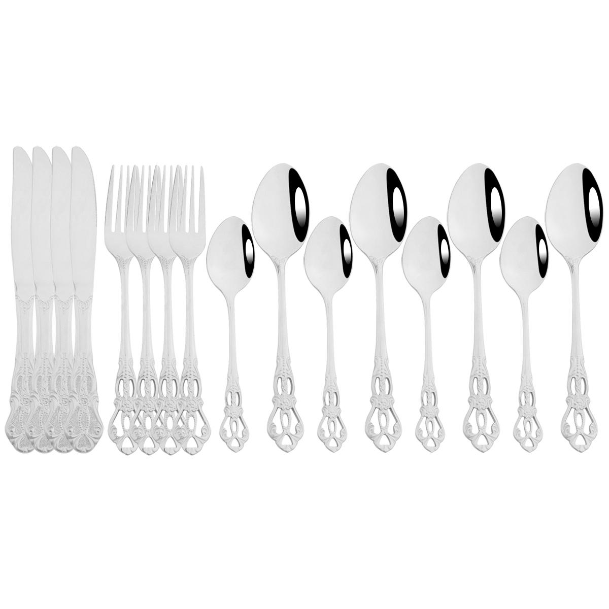 

16 шт. Барвистий набір столового посуду Вінтажний посуд із нержавіючої сталі Стейк Ніж Виделка Десертна ложка Набір столових приборів Кухонний посуд для вечірки срібний