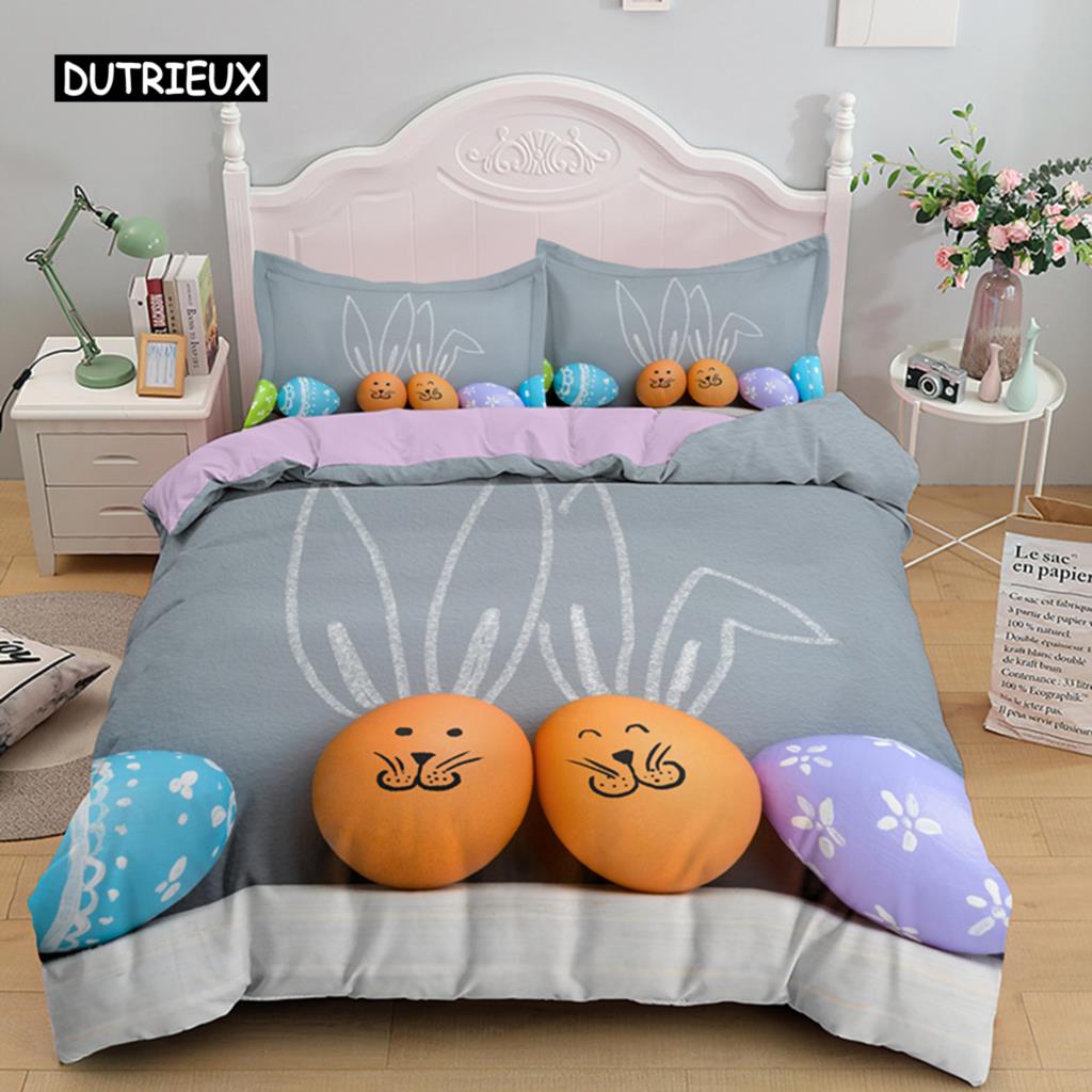 Easter Egg Duvet Cover Set Cartoon Cute Egg Bedding Set Happy Easter Theme Comforter Cover for Kids Teens Microfiber Bedclothes