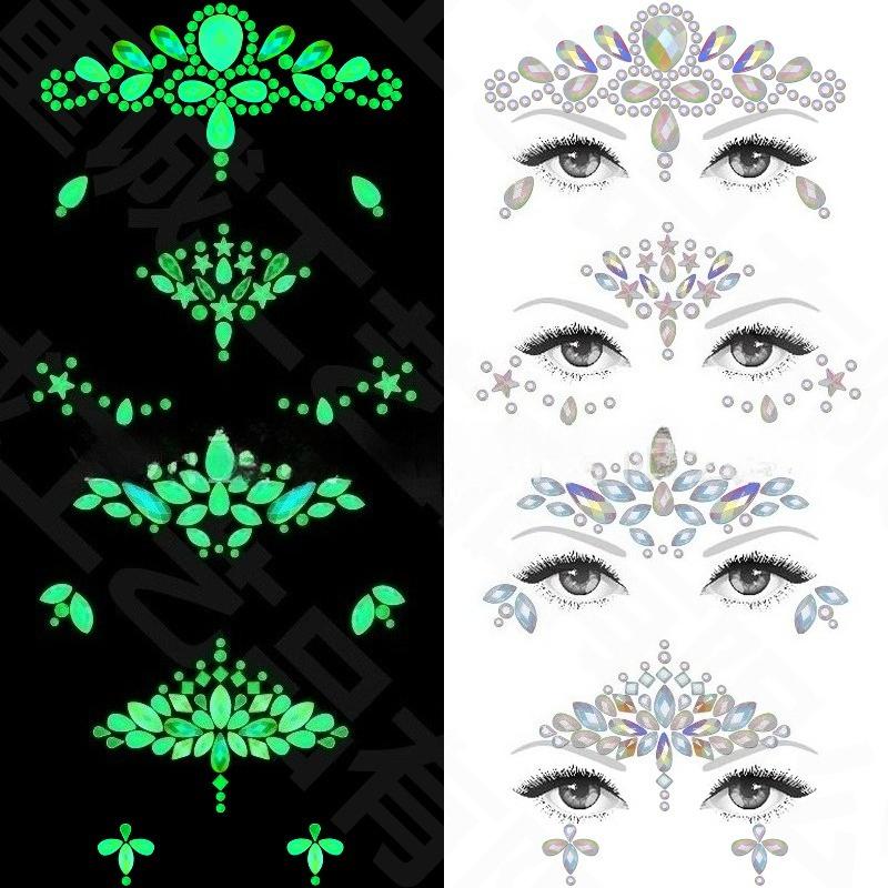 New Diamond Face Stickers Luminous European and American Halloween Face Tattoo Stickers Explosive Eye Stickers Eyebrow Stickers 4 Combinations