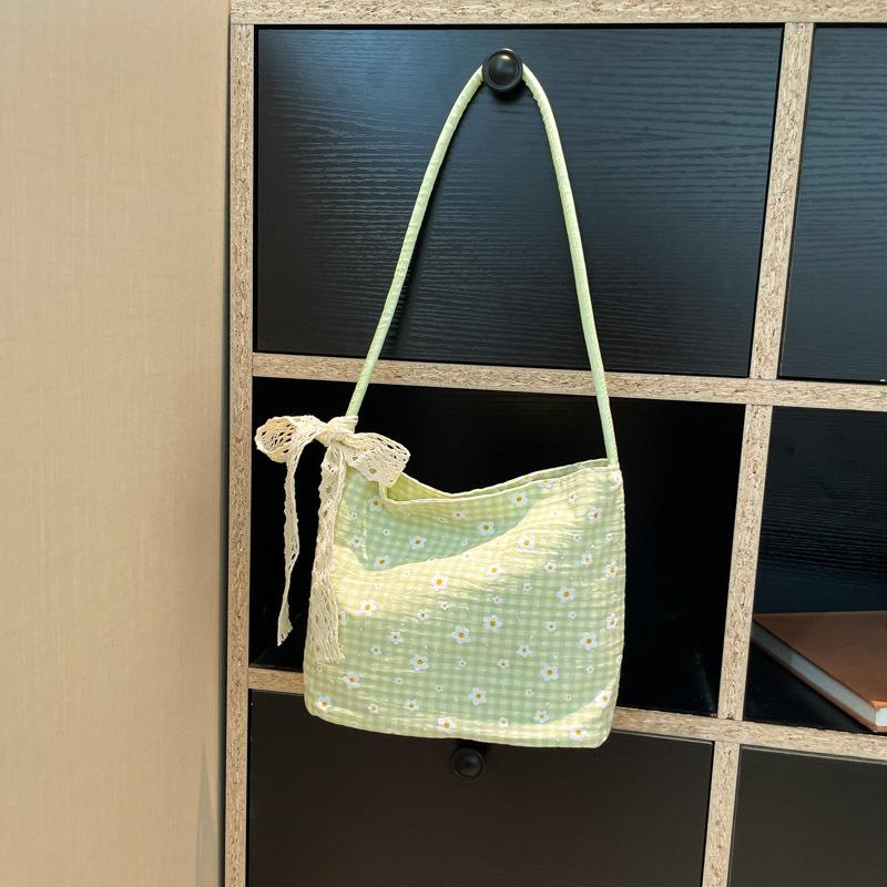 

Маленькая свежая холщовая сумка с цветочным бантом, студенческая сумка для занятий большой вместимости, повседневная наплечная сумка-подмышка. зелёный