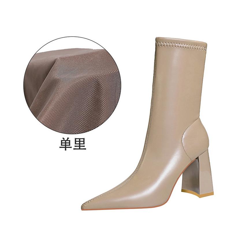 Fashion Fashion Simple Warm Mid-Calf Chunky Block Heels Women Boots Pointed High-Heeled Pu Leather Slimming Boots Autumn Winter