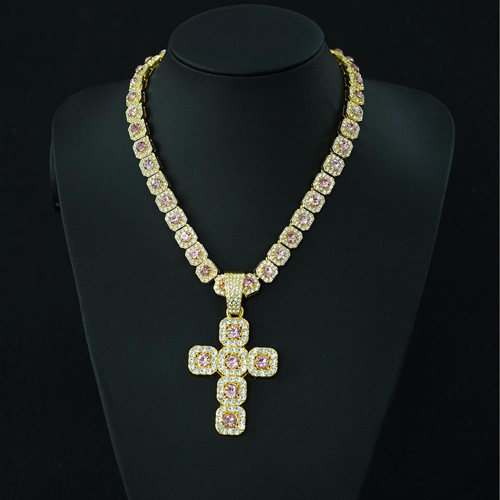 Wish Personality Big Diamond Cross With Cuban Chain Men'S And Women'S Pendant Hip Hop Rap Necklace