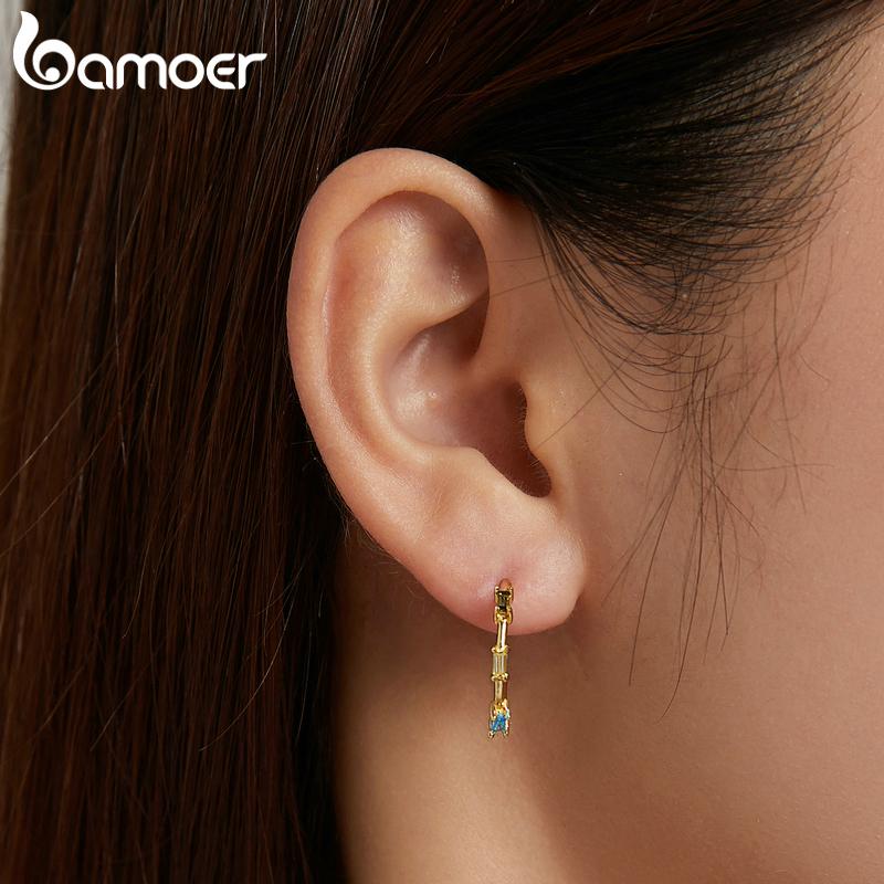 Bamoer 925 Sterling Silver Tricolor Square Zircons Gilded Stud Earring Fashion Jewelry