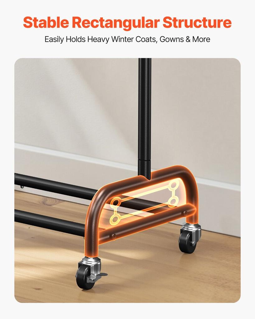 Clothes Rack, Rolling Clothing Garment Rack with Adjustable Crossbar and Side Hooks, 68 kg Load Capacity, Heavy Duty Carbon Steel Clothing Racks with