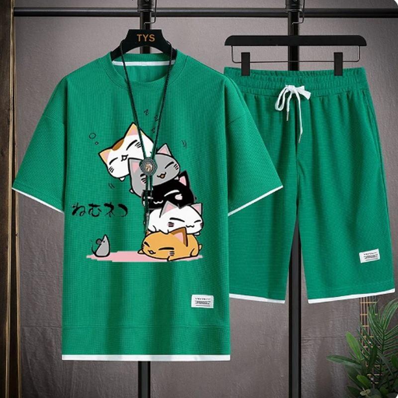 

2025 Мужской летний вафельный комплект, брендовая мода, повседневный комплект из футболки и шорт, мужской спортивный комплект, свободный, удобный, комплект из двух предметов XXXL