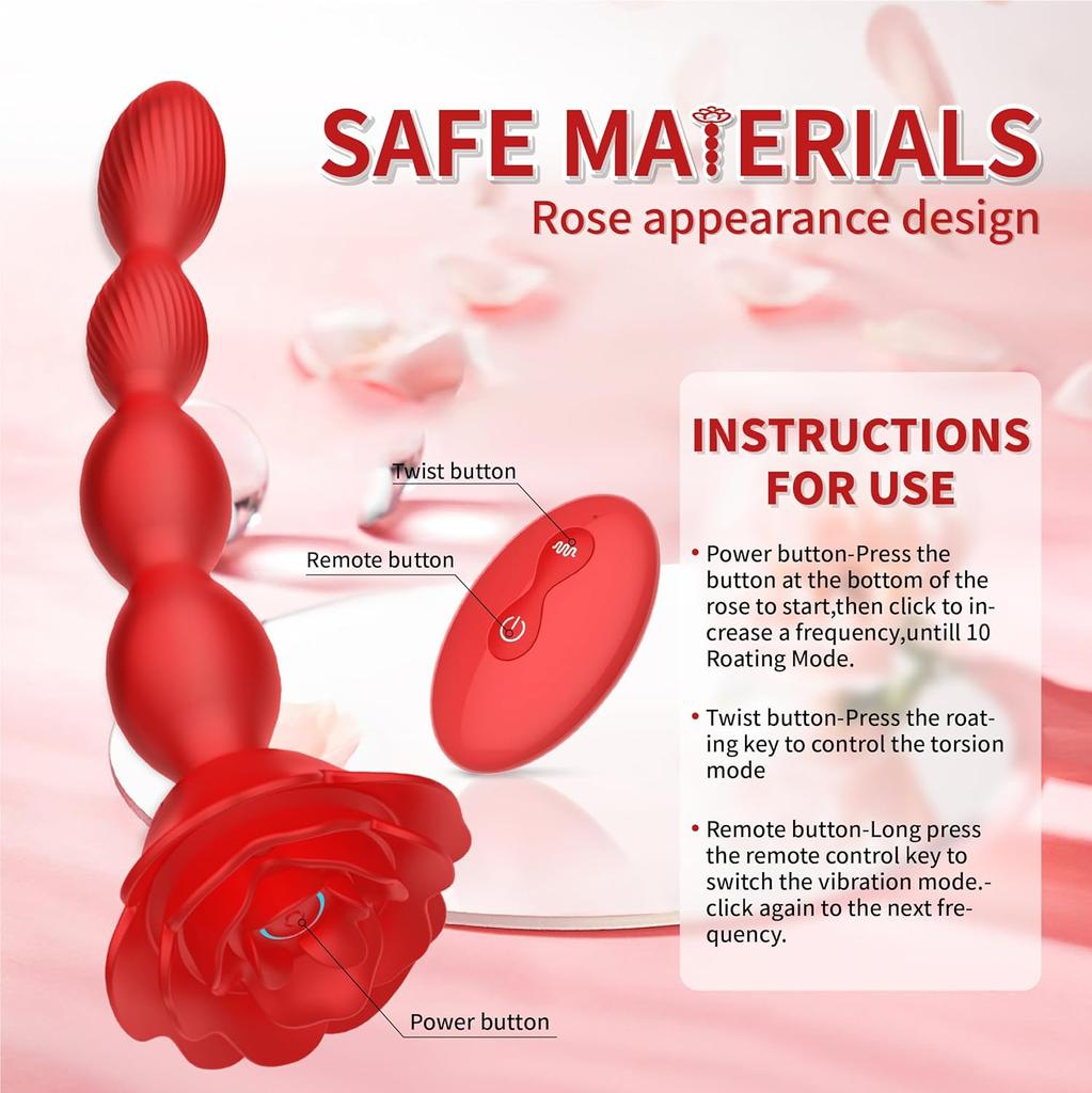 360 Rotation Butt Plug Vibrator With 10 Rotating&vibrating Mode Prostate Massager Rose Shape Anal Beads Sex Toys For Women Man