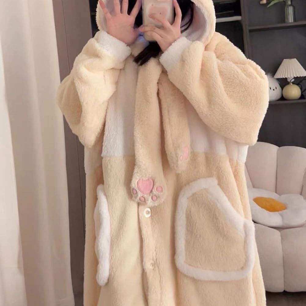 BREAORTION Hamster Pajamas for Long Cute and Casual for Fall and Winter Women, Skin-Friendly, Open-Front, Sleeves, Loungewear, (JP, Alphabet, L,