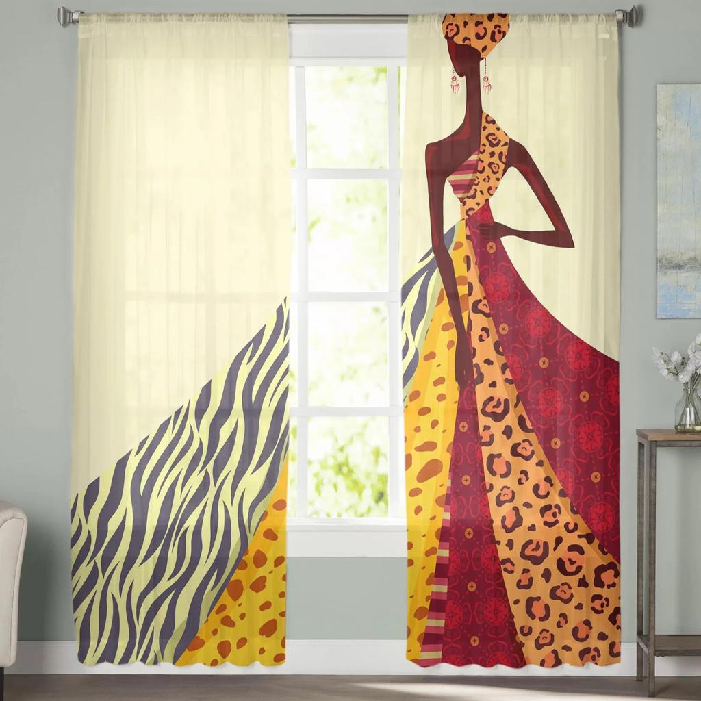 African Woman Skirt Texture Tulle Curtains for Living Room Bedroom Sheer Curtain for Balcony Hall Fashion Printed Home Drapes