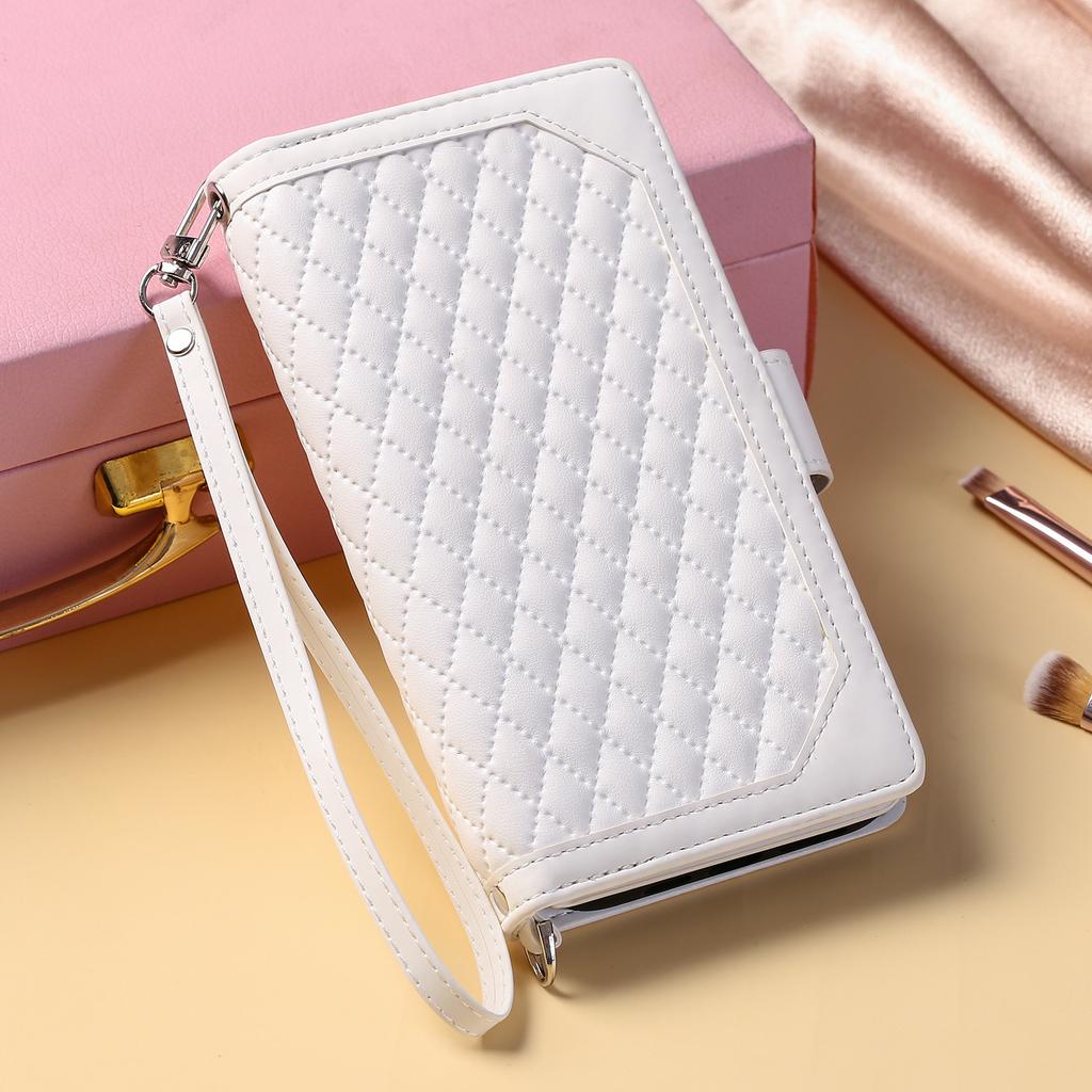 Quilted Zipper Wallet Case for iPhone 17 Pro & Samsung S25 Ultra - Flip Leather Card Holder Cover with Wrist Strap