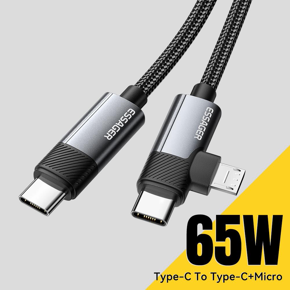 ESSAGER 2m 65W Aluminum Alloy Data Cable 2 in 1 Type-C to Type-C+M Micro Fast Charging Cable