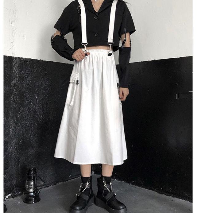 Student Gothic Long Techwear Skirts Women Grunge Punk High Waist Chain Pocket Strap Black Cargo Skirts Goth Harajuku Streetwear
