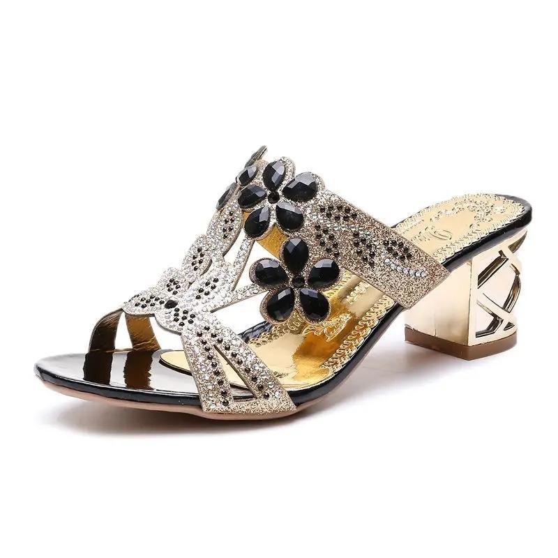 Fashion Rhinestone Women's Slippers and Ladies Sandals Low Heel Korea Style Pvc Vip Shoes Chic Elegant Price Slides On Promotion Unique