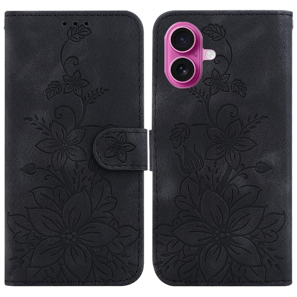 For iPhone 17 Stand Case Lily Flower Imprint Leather Phone Cover with Wrist Strap