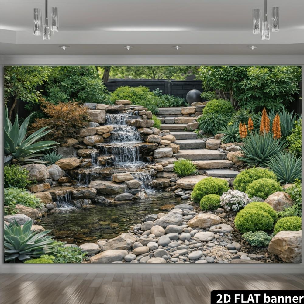 2D planar courtyard stone steps, cascading waterfalls and waterfall background fabric - landscape theme