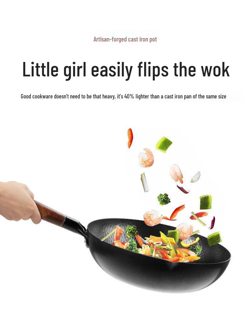 Hand-Forged Cast Iron Non-Stick Wok for Gas & Induction Stoves, Medium-High, No Coating