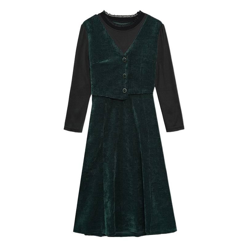 2026 Fall/Winter Elegant Versatile Long-Sleeve Faux Two-Piece Slimming Mid-Length Skirt