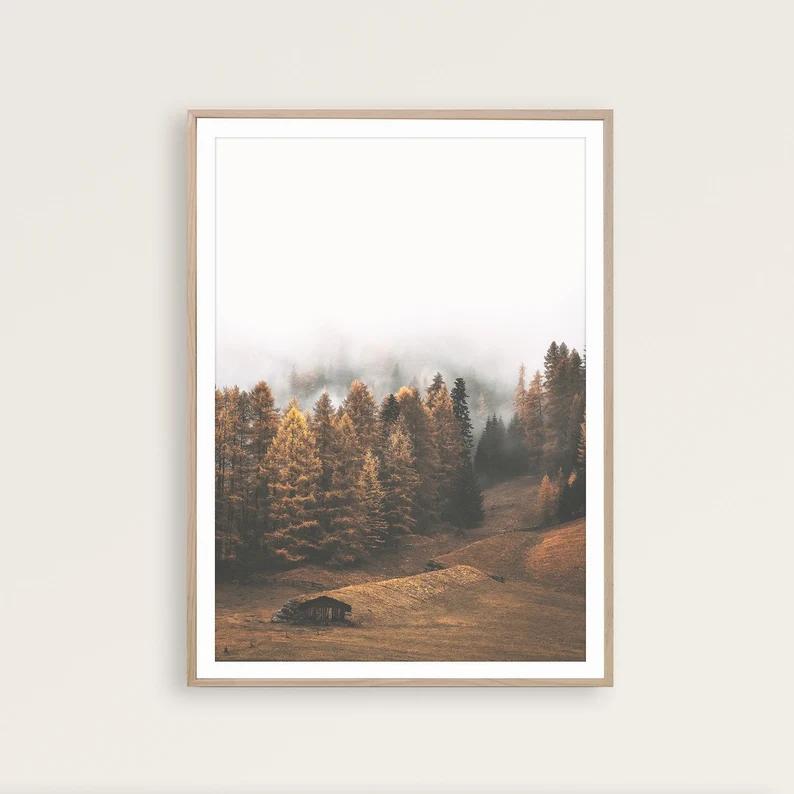 

Туман Гірський ліс Друк Настінне мистецтво Картина на полотні Сільський осінь Плакат Осінь Природа Фотографія Картина Пейзаж Домашній декор 30X40cm Unframed