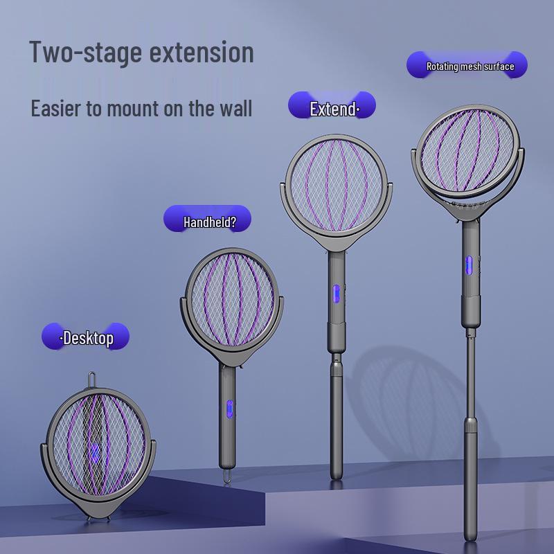 New 4-in-1 Foldable Electric Mosquito Swatter: Rechargeable Telescopic Killer Lamp & Wall-Mounted Swatter.