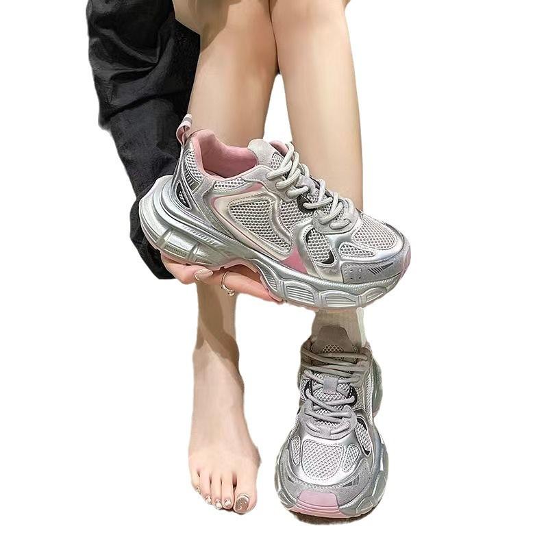 Thick-soled heightening dad shoes women's spring new silver breathable versatile lightweight sports and leisure shoes