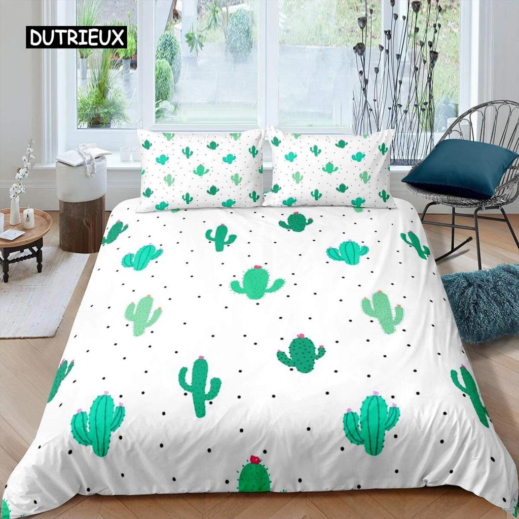 Cactus Duvet Cover Set King Size Hand Painted Style Bedding Set Nature Art Prints Comforter Cover Green Plant Cactus Quilt Cover Three Piece Set