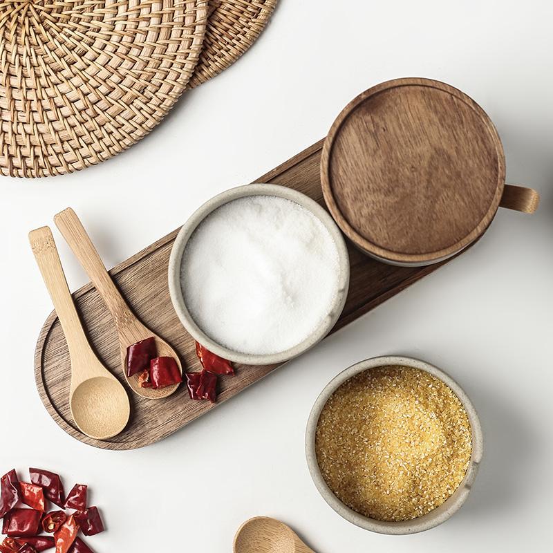 JUSTINLAU Japanese Ceramic Seasoning Jar Spice Container Bamboo Lid Spoon Household Oil Pot Seasoning Bottle Tray Kitchen Tool