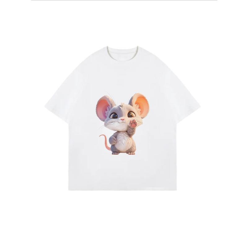 Niedliches Maus-Print T-Shirt Weiß Cartoon Tierdesign für Freizeitkleidung
